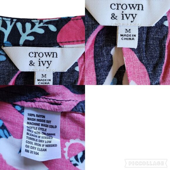 Crown & Ivy Pink Black Blue Coastal Seahorse Print Split V Neck Top Sz M - Picture 11 of 11